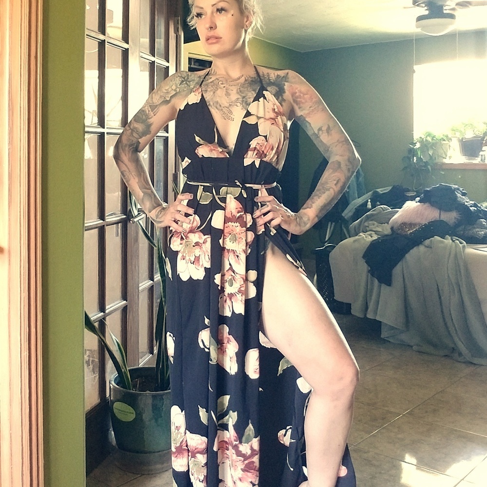 Black Floral maxi dress wrap around leg slit XL